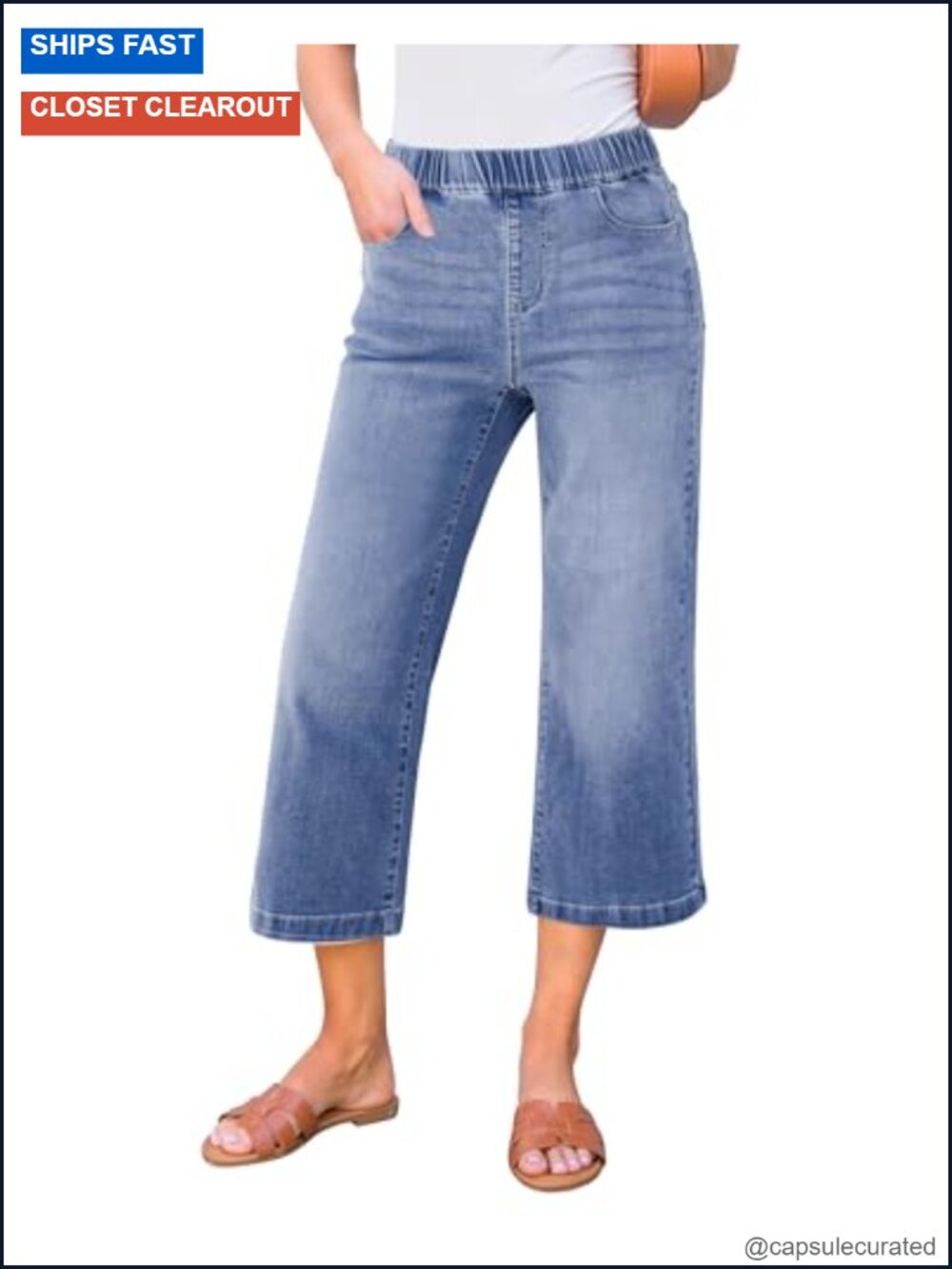 Wide Leg High Waisted Pull On Stretchy Denim Capri Jeans with Pockets
